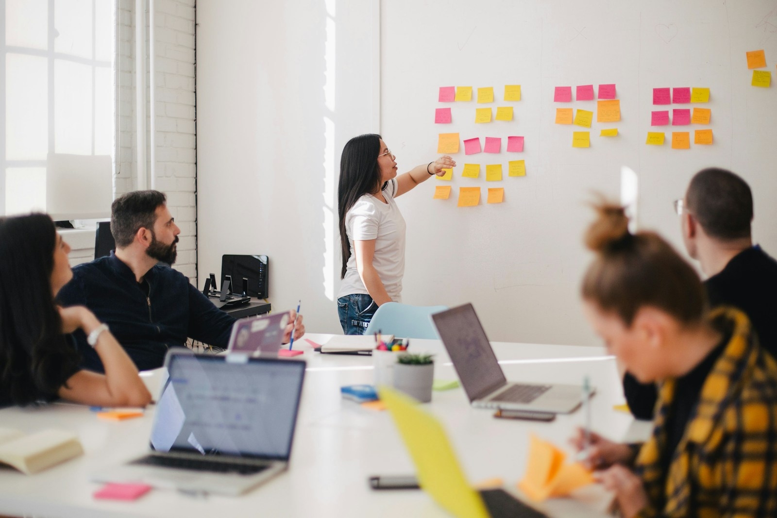 A product team planning work together at a whiteboard
