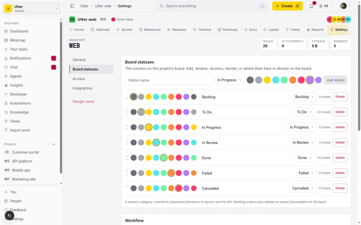 The Board statuses tab in project settings, where columns and categories are configured before an import