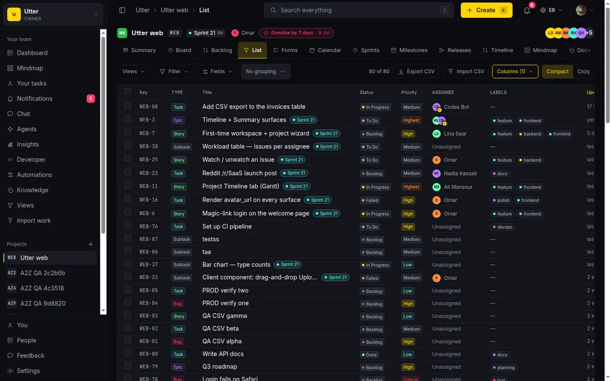 The list view with a row checkbox per issue and the control strip above it. Each row's Status, Priority, Assignee, and Labels cells edit inline, and checking rows brings up the bulk action bar.