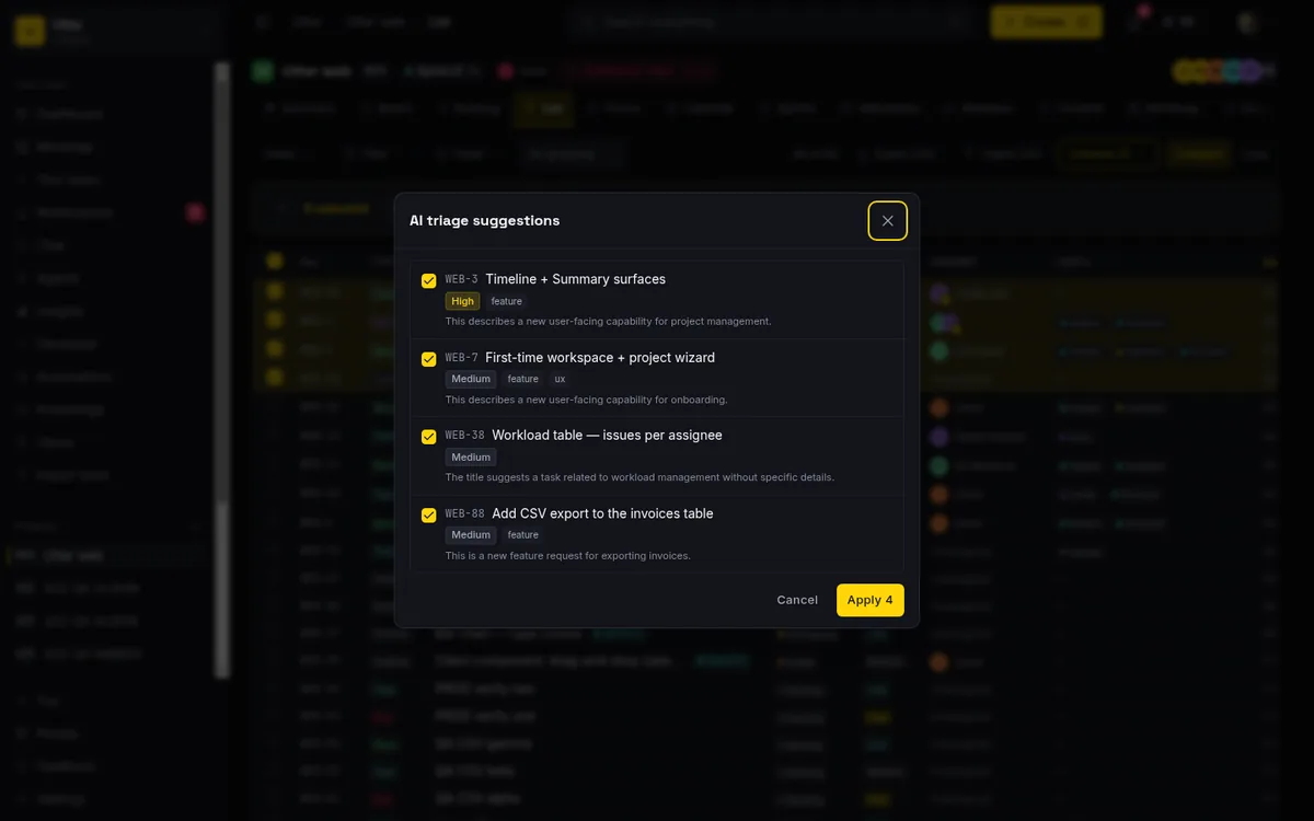 The bulk triage modal in Taskfolk, showing AI-suggested priority, type, and labels across several selected issues