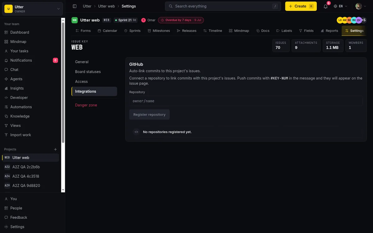 The GitHub integration settings tab in Taskfolk, showing a connected repository