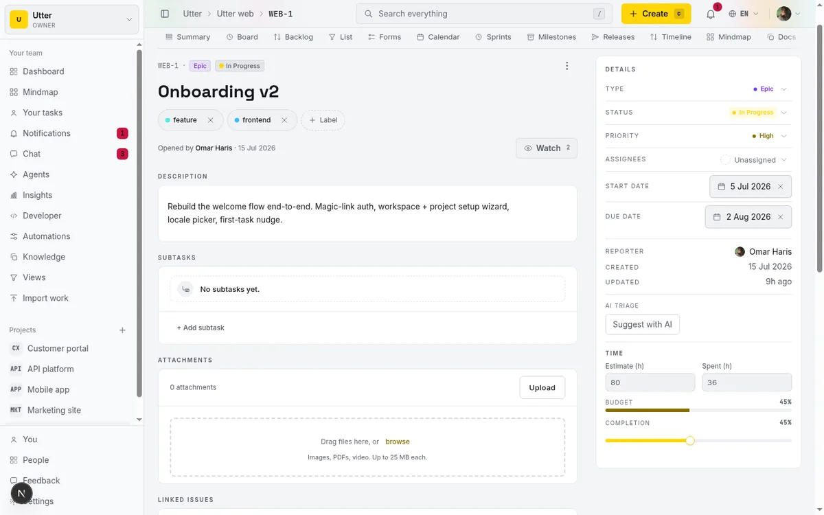 The Subtasks card on issue WEB-1's detail page, with the inline "Add subtask" input, the done-over-total progress bar with percentage, and checkbox toggles. This is the only place subtasks are created, proving the rule that a subtask needs a parent.