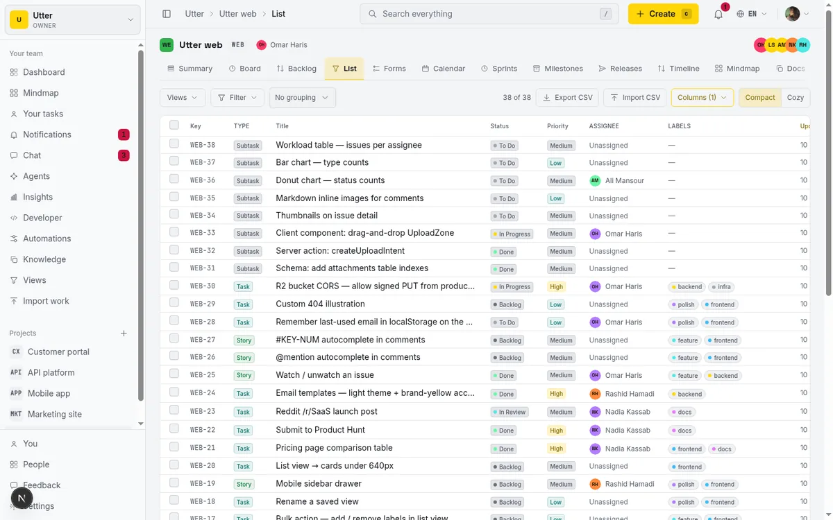 Taskfolk list view for project WEB showing the control strip (Views, Filter, Fields, Group by on the left; result count, Export CSV, Import CSV, Columns, and density toggle on the right) above the issue table with Key, Type, Title, Status, Priority, Assignee, Labels, and Updated columns. Establishes the whole surface before any filtering is applied.