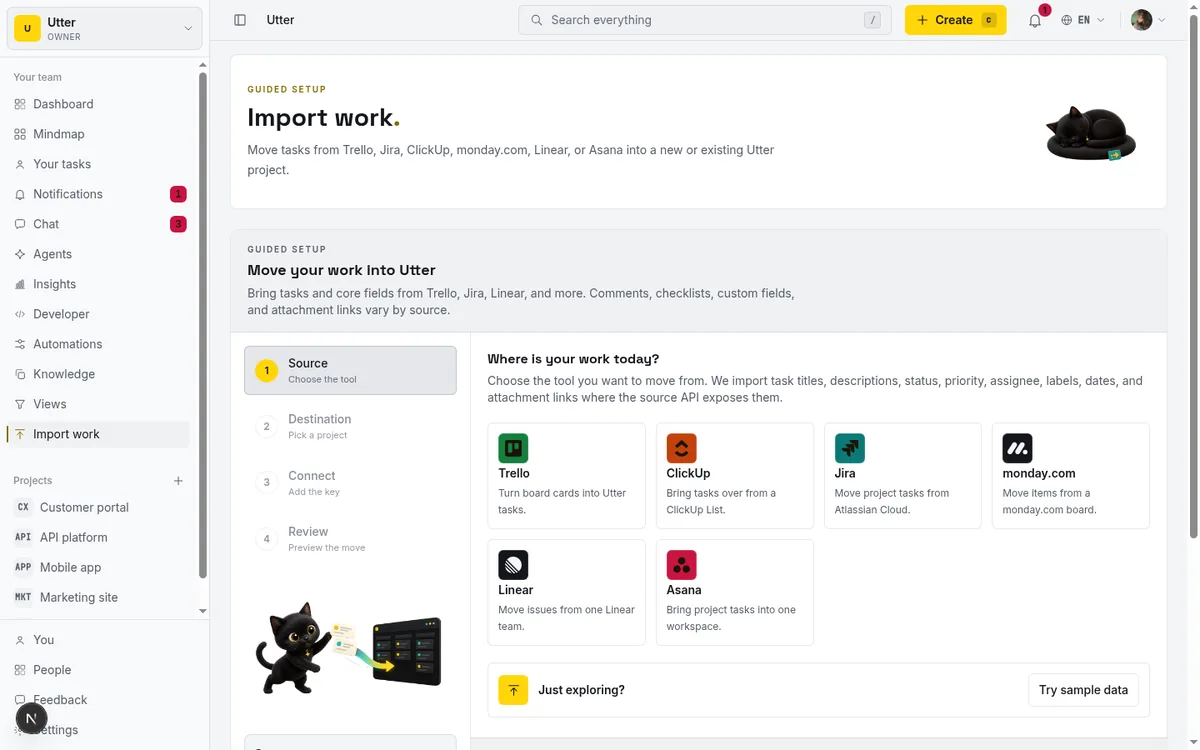 Taskfolk's import wizard with the source picker for Jira, Trello, Asana, ClickUp, and CSV