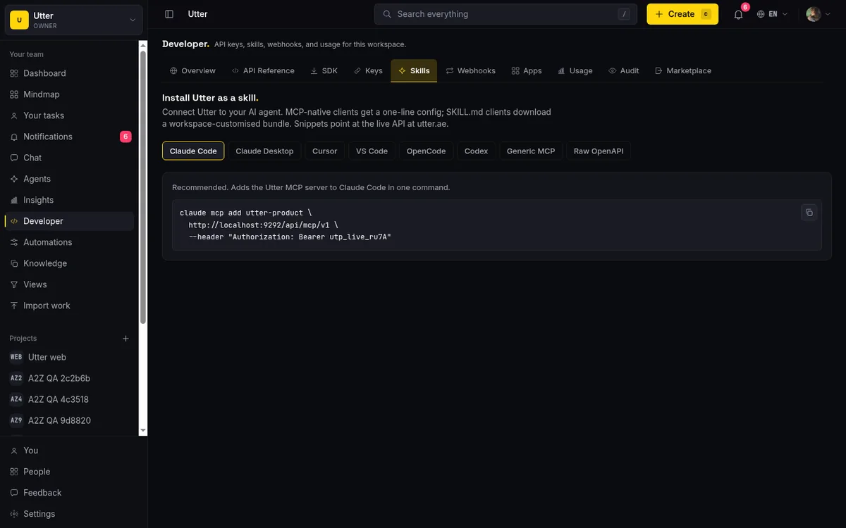 تبويب Skills في صفحة المطور في Taskfolk يعرض أمر ربط Claude Code ومهارة الوكيل القابلة للتنزيل
