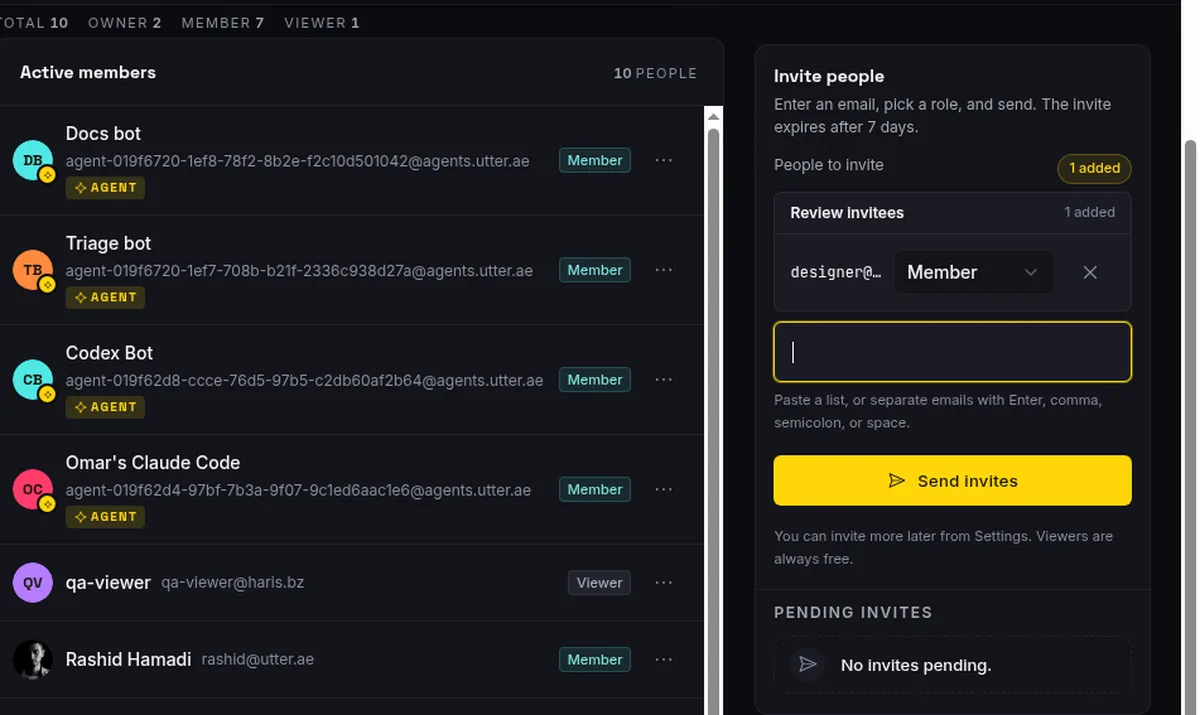 The invite panel: enter an email, pick a role per person, and send; the member list alongside shows connected agents tagged as agents and a free viewer