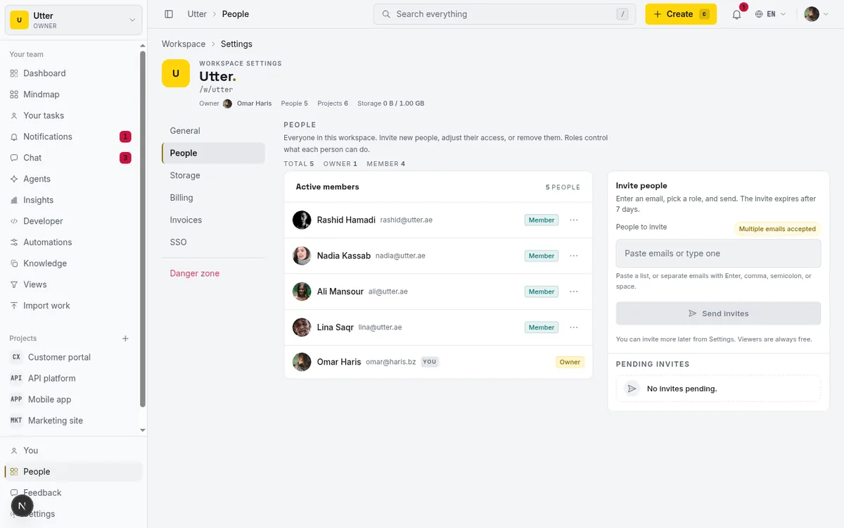 Taskfolk people overview showing members with free viewer seats