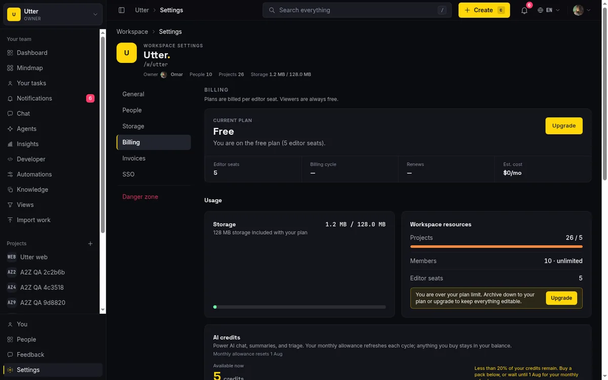 Taskfolk billing page showing the current plan card, which is where the Pro trial and the eventual Free downgrade are visible.
