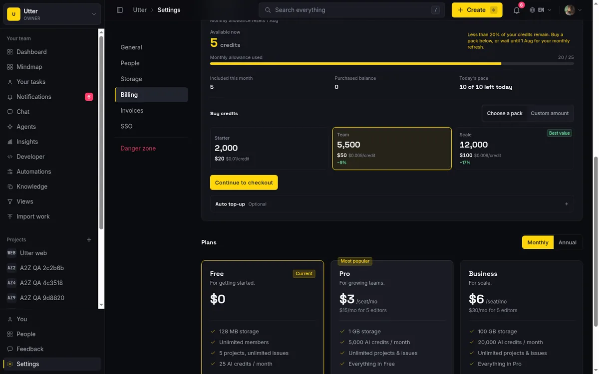 Taskfolk AI credits card on the billing page showing the monthly grant and usage