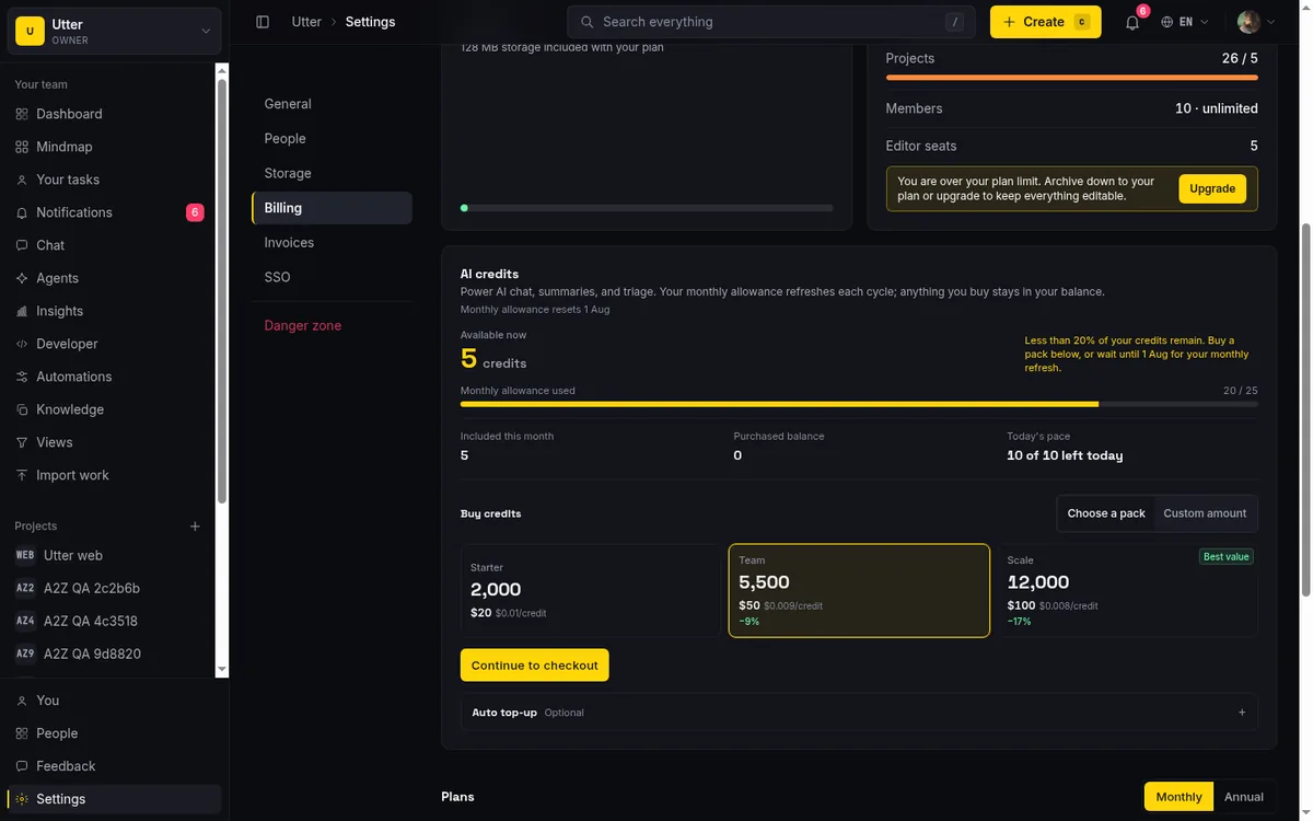 Taskfolk plan grid on the billing page showing Free, Pro, and Business tiers