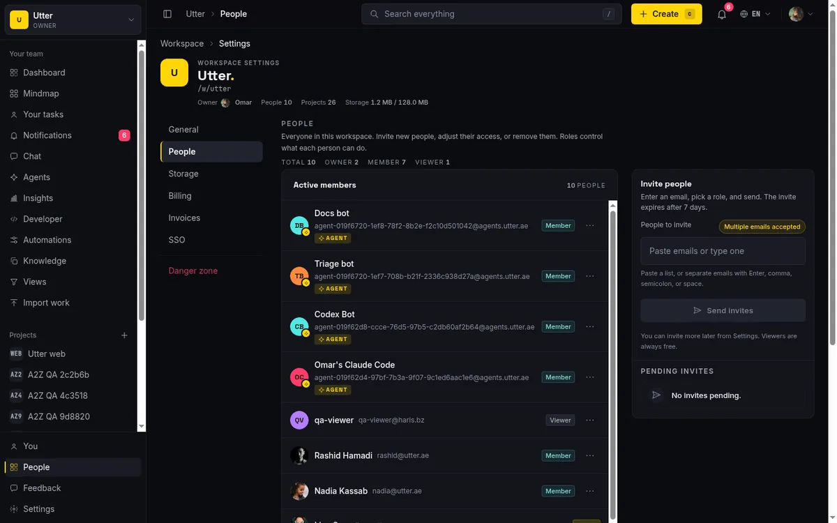 The members page in Taskfolk showing each person's role, where viewers sit alongside builders without counting toward the bill