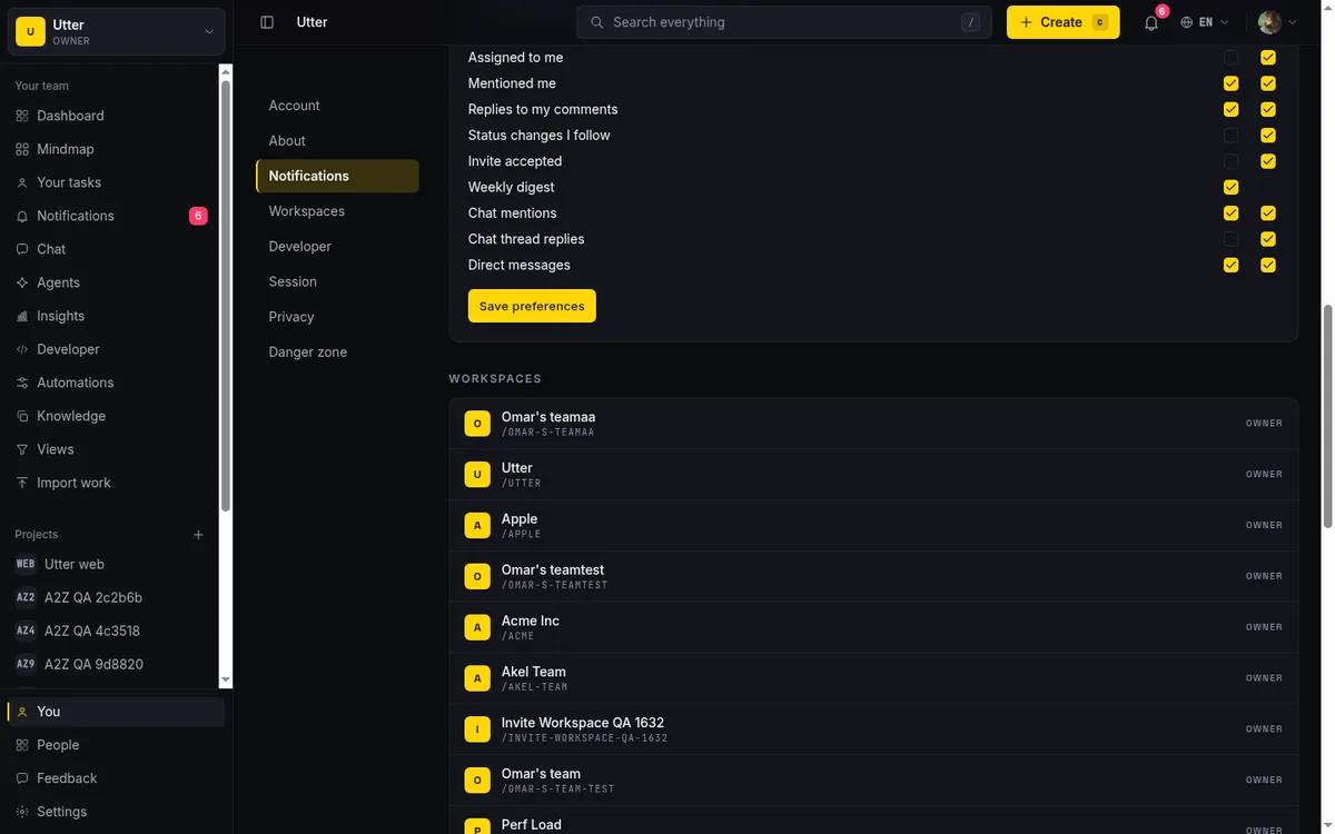 Notification preferences in Taskfolk, where the weekly digest email toggle lives