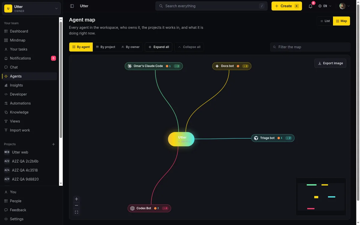 The agent map showing the whole fleet grouped by agent with each one's live task
