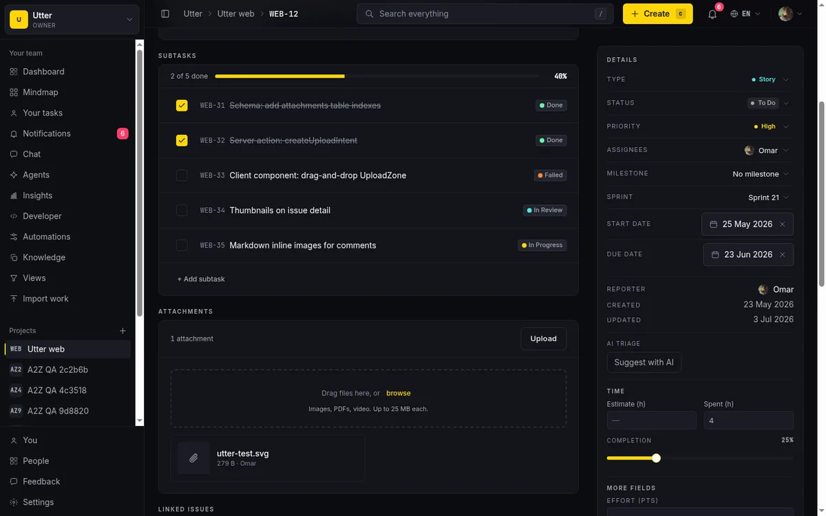 A story with its subtasks nested under it, the structure an agent has to preserve