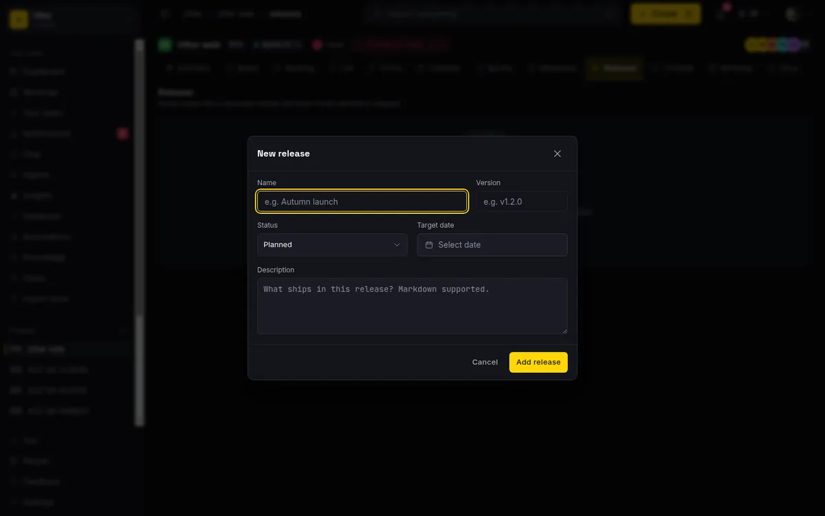 The new release modal in Taskfolk, used to plan a release before shipping it