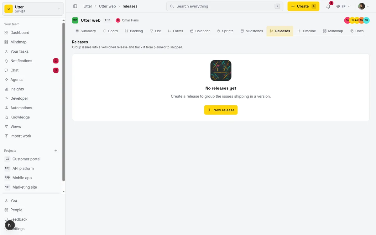 The Releases tab in its empty state, showing "No releases yet" with the prompt to create a release that groups the issues shipping in a version, and the New release button