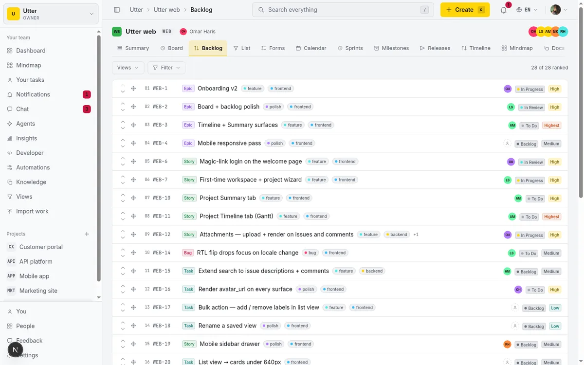 The ranked shared backlog that a pool of coding agents pulls work from, newest priorities on top