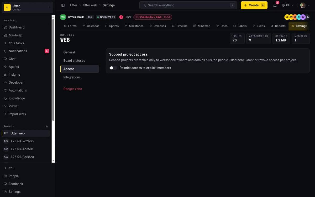 The project Access tab with scoped access turned off