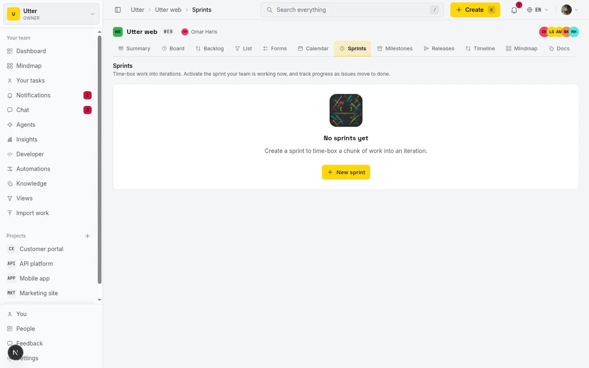 Taskfolk sprints page showing an active sprint with issues and a burndown