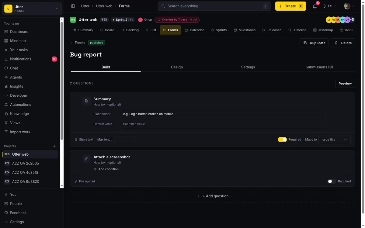 The Taskfolk form builder Build tab, showing field types being assembled into a public intake form