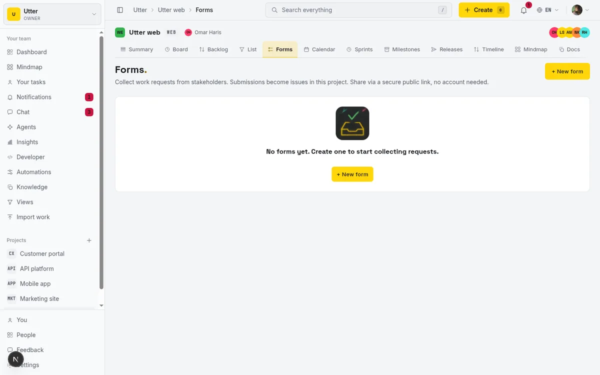 The project Forms tab showing existing forms with draft/published/closed status, a Public badge, submission counts, and the + New form button, establishing where the intake feature lives in a project.