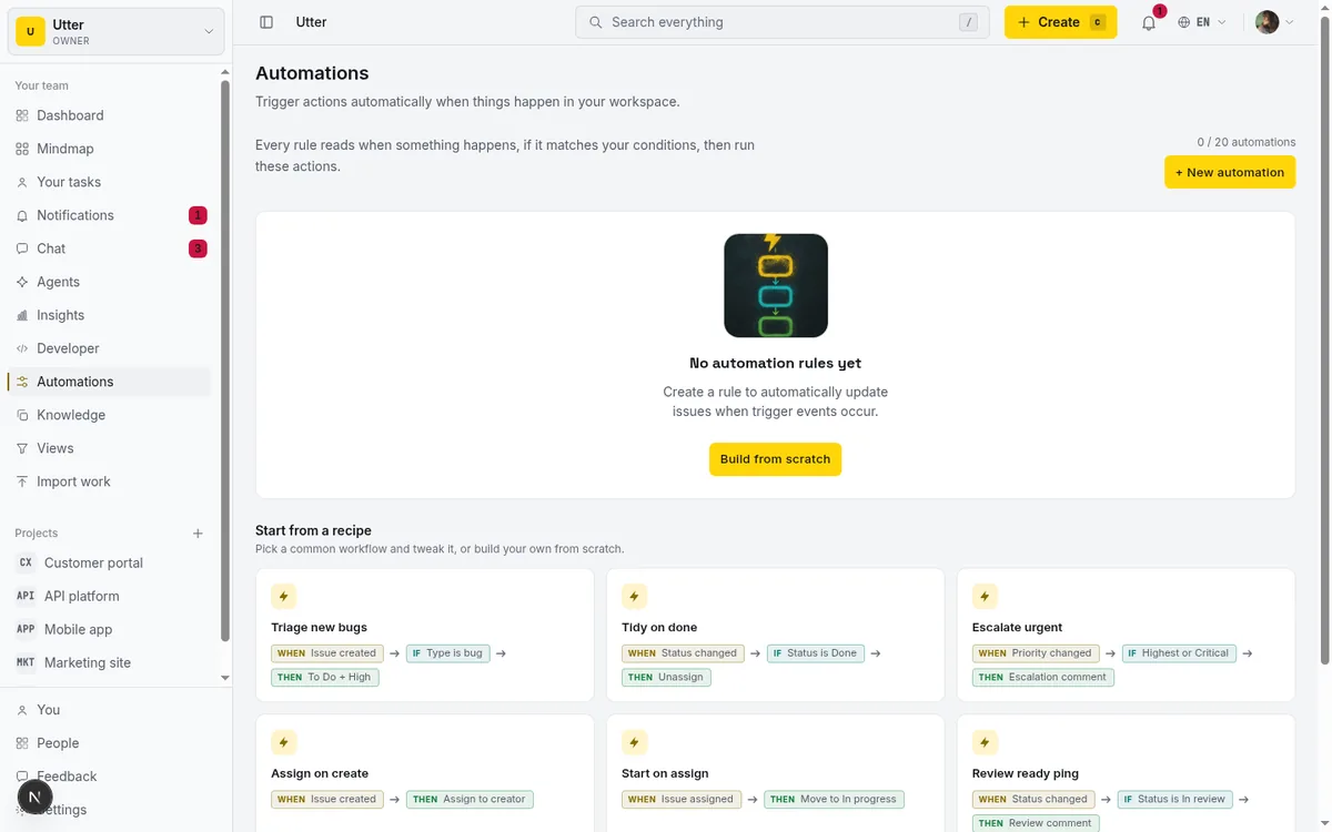 The project automations list, where issue.created rules run on top of whatever routing defaults the form applies.
