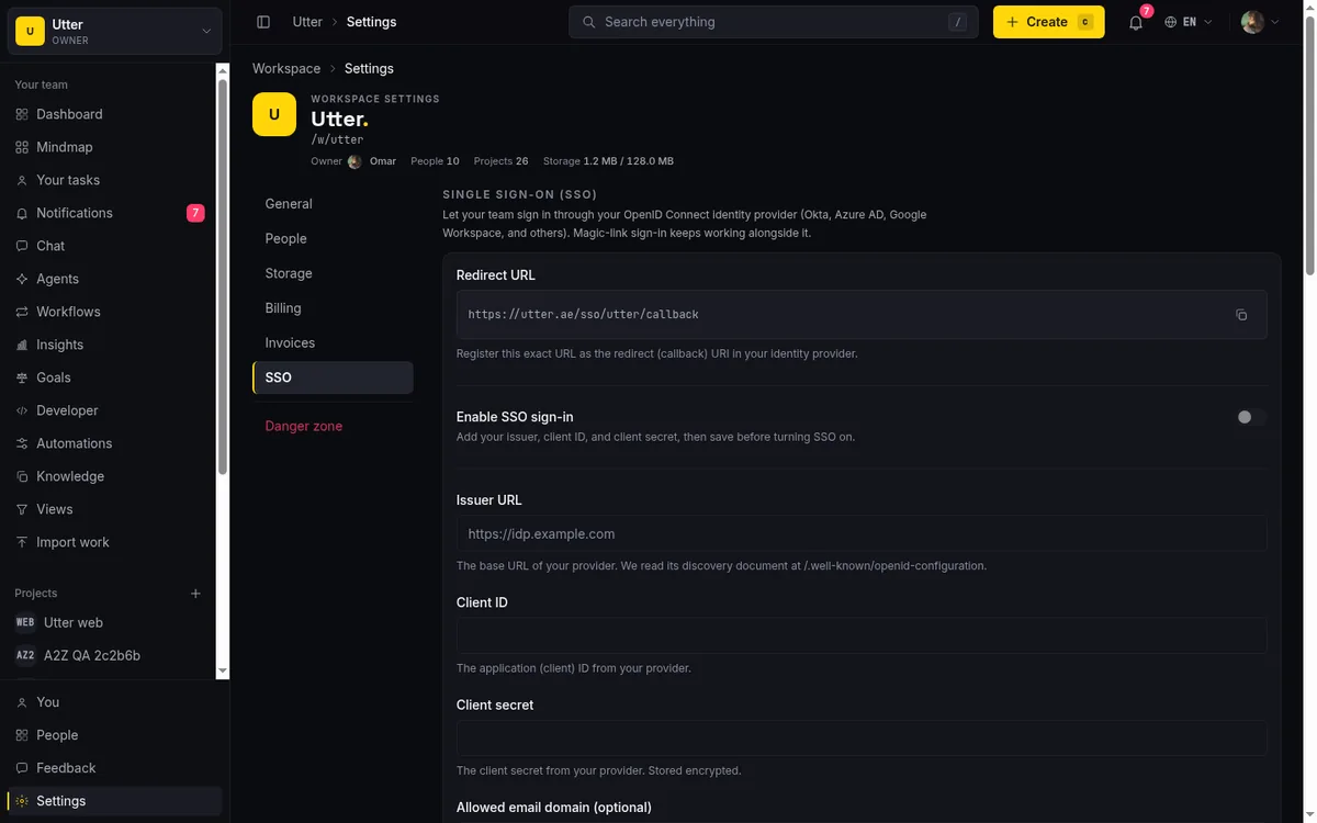 The workspace SSO settings: the computed Redirect URL to register with your identity provider, plus the Issuer URL, Client ID, and Client secret fields