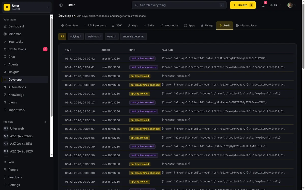 An audit log filterable by actor, showing which key made which change