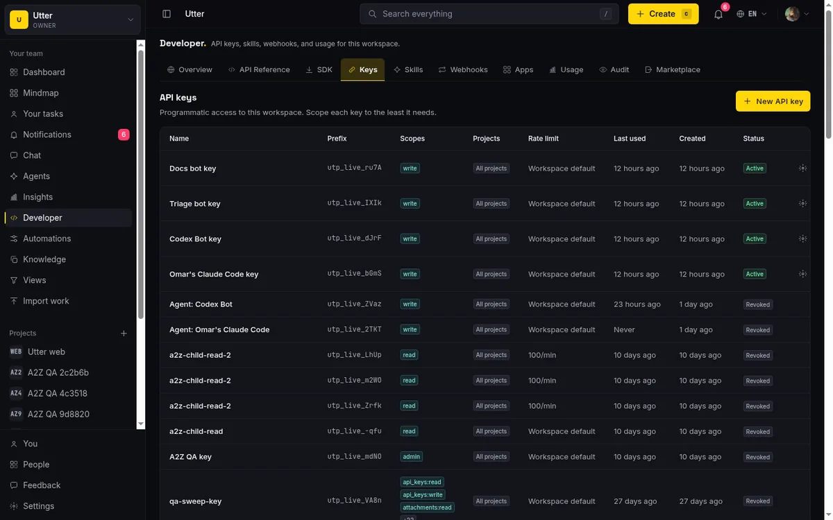 Per-key rate limit setting on a Taskfolk API key