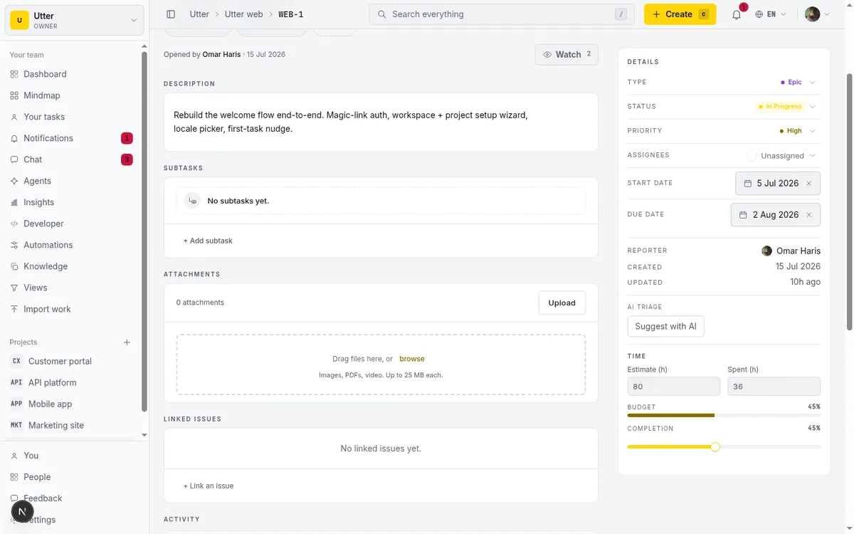 The Time card on an issue detail page, where the completion percentage lives alongside estimate and time spent. This manual field is what drives the progress fill inside each timeline bar.