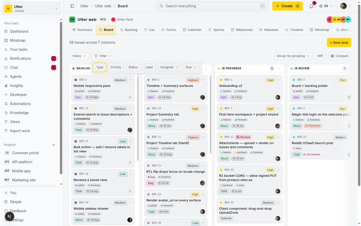 The board tab with its own Filter row open, showing the shared Type, Priority, Status, Label, Assignee, and Due facets. Facet filters travel between tabs; custom-field and release filters stay on the list.