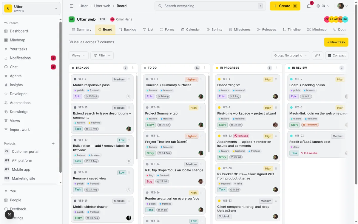 Taskfolk kanban board with columns, assignees, and issue cards in the dark theme