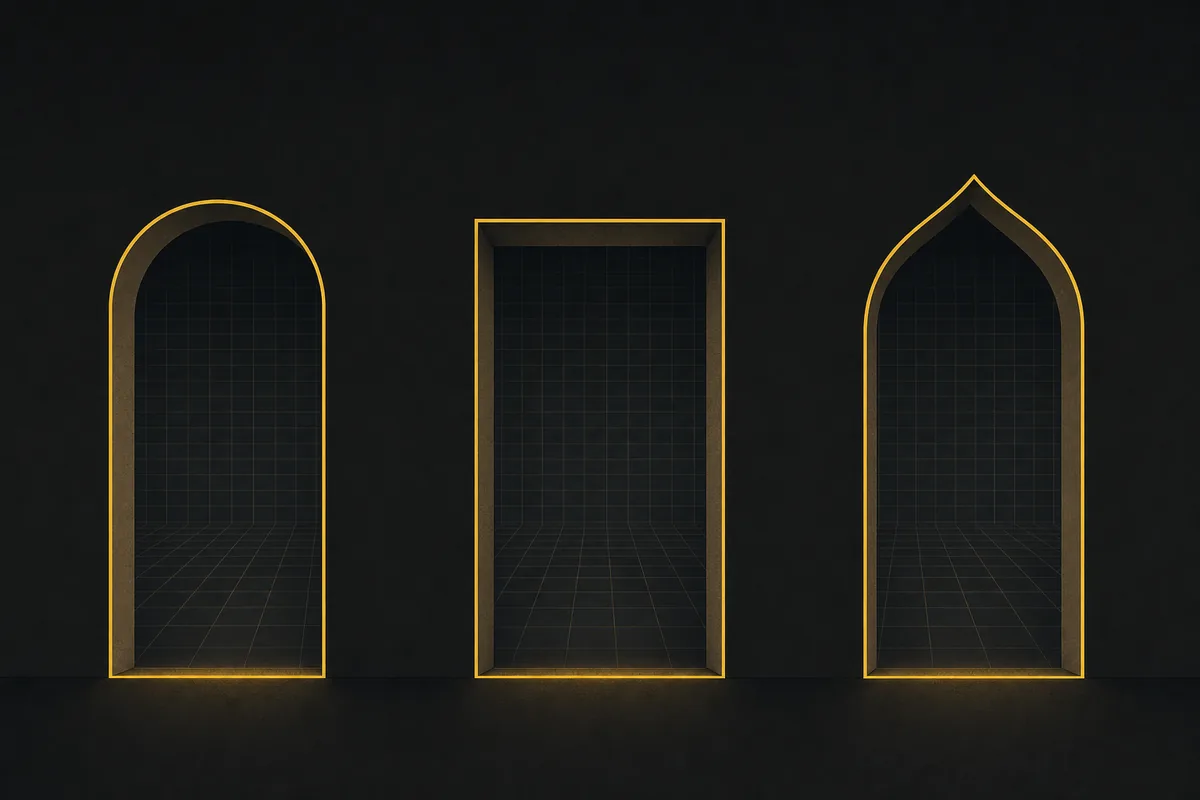 Three gold doorways of different shapes in a dark wall, each opening onto the same faint grid: MCP, REST, and skills into one board.