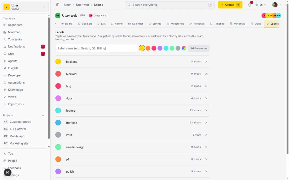 The WEB project's Labels page showing the create row (name input, color swatch picker, Add button) above the list of existing labels, each with its color swatch, editable name, issue-count link, and delete button. This is the single screen for creating, recoloring, renaming, and deleting labels.