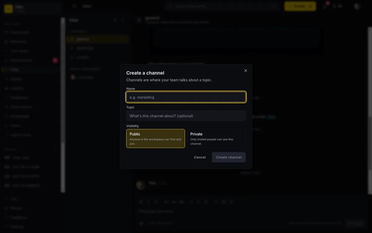 Creating a new channel in Taskfolk's team chat