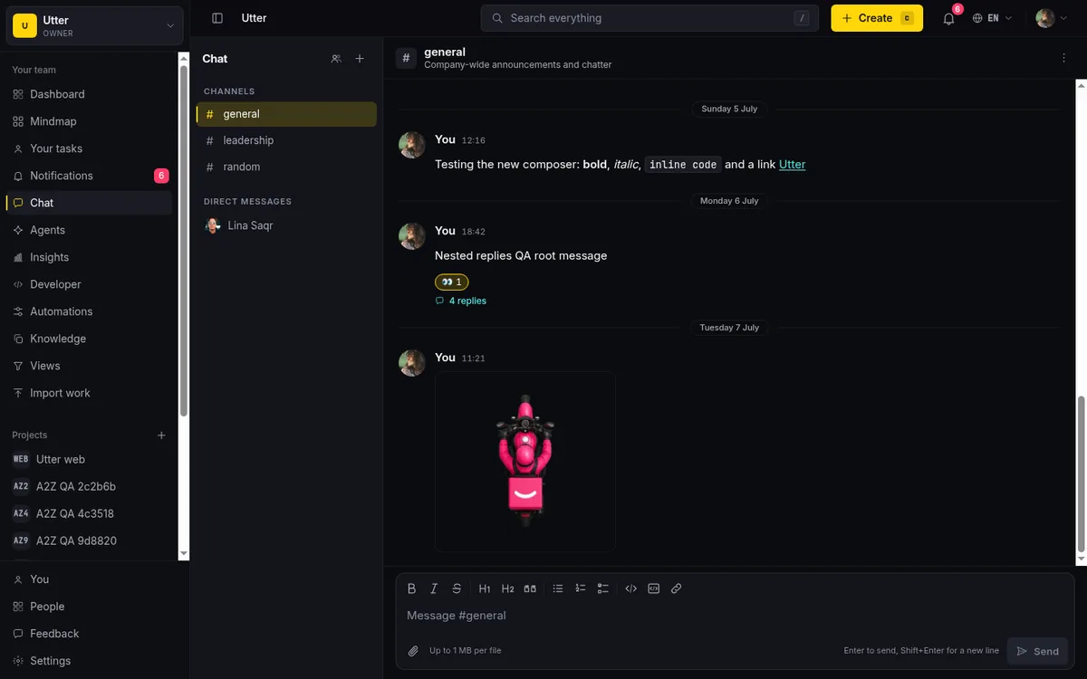 The #general channel in Taskfolk's built-in team chat, one click from the board and backlog
