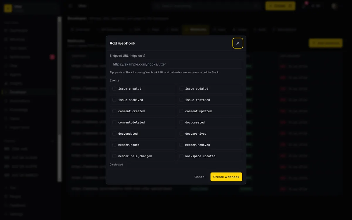 Creating a webhook in the Taskfolk developer console
