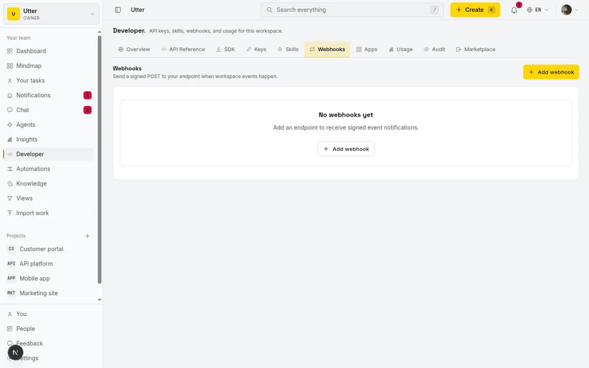 The Webhooks tab under the Developer console showing the "No webhooks yet" empty state with an Add webhook button, establishing where the feature lives and the entry point for creating your first endpoint.