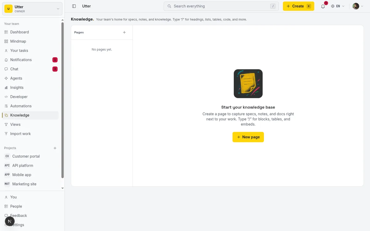 The workspace knowledge base with nested doc pages in Taskfolk