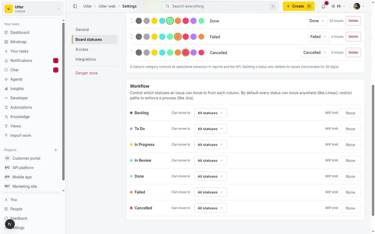 A workflow that routes a ticket through an implementation stage, a review stage, and a human approval gate before it completes, with the run overlay showing where a ticket sits.