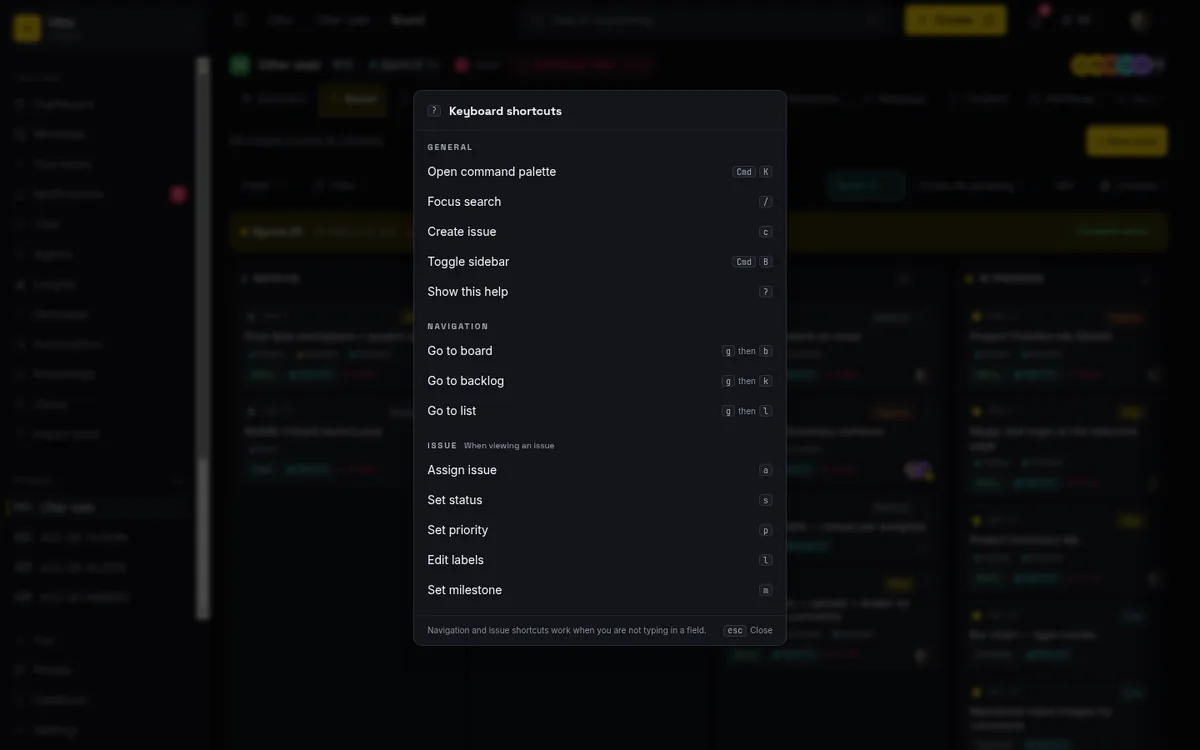 The keyboard shortcuts overlay in Taskfolk, which lists c as the shortcut that opens the New issue dialog from anywhere in a workspace.