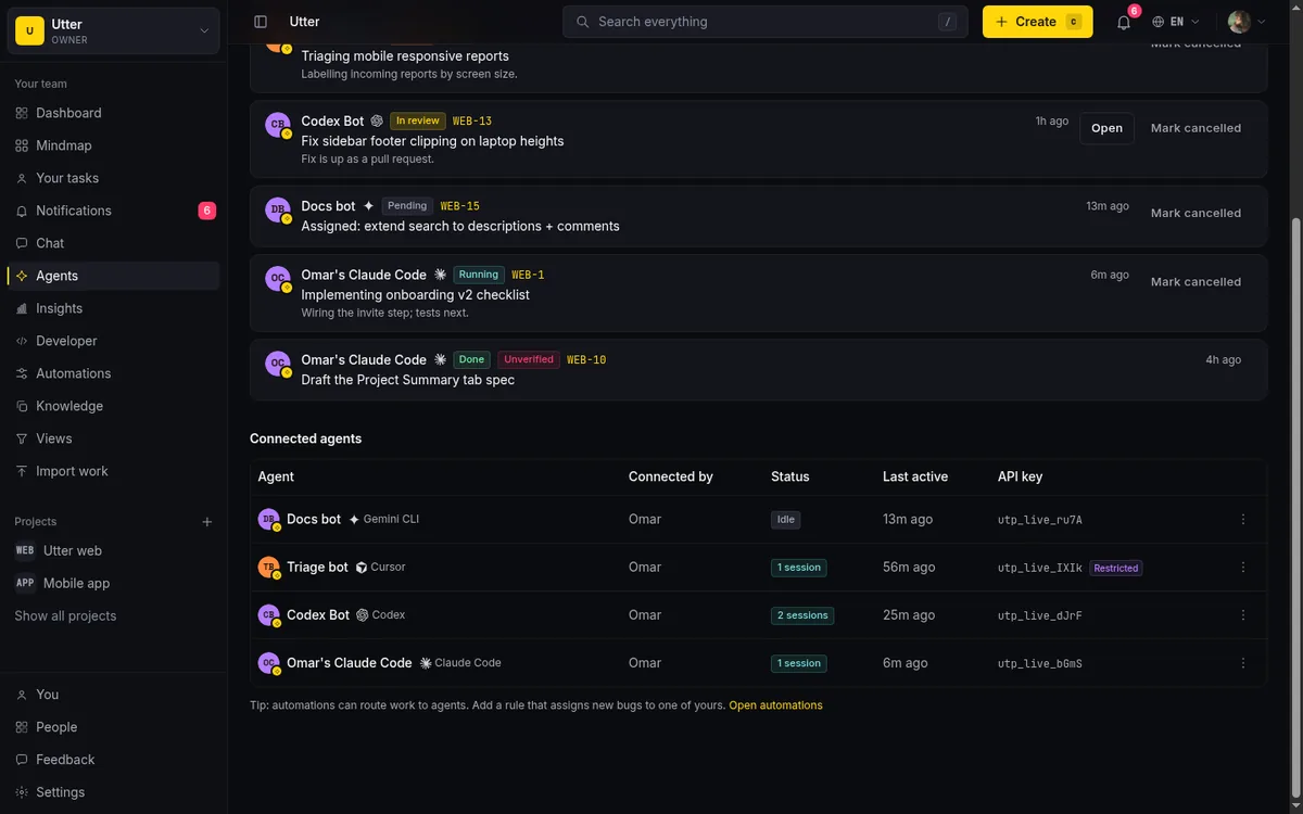 The Taskfolk agent hub roster showing agents as named workspace members with their own profiles