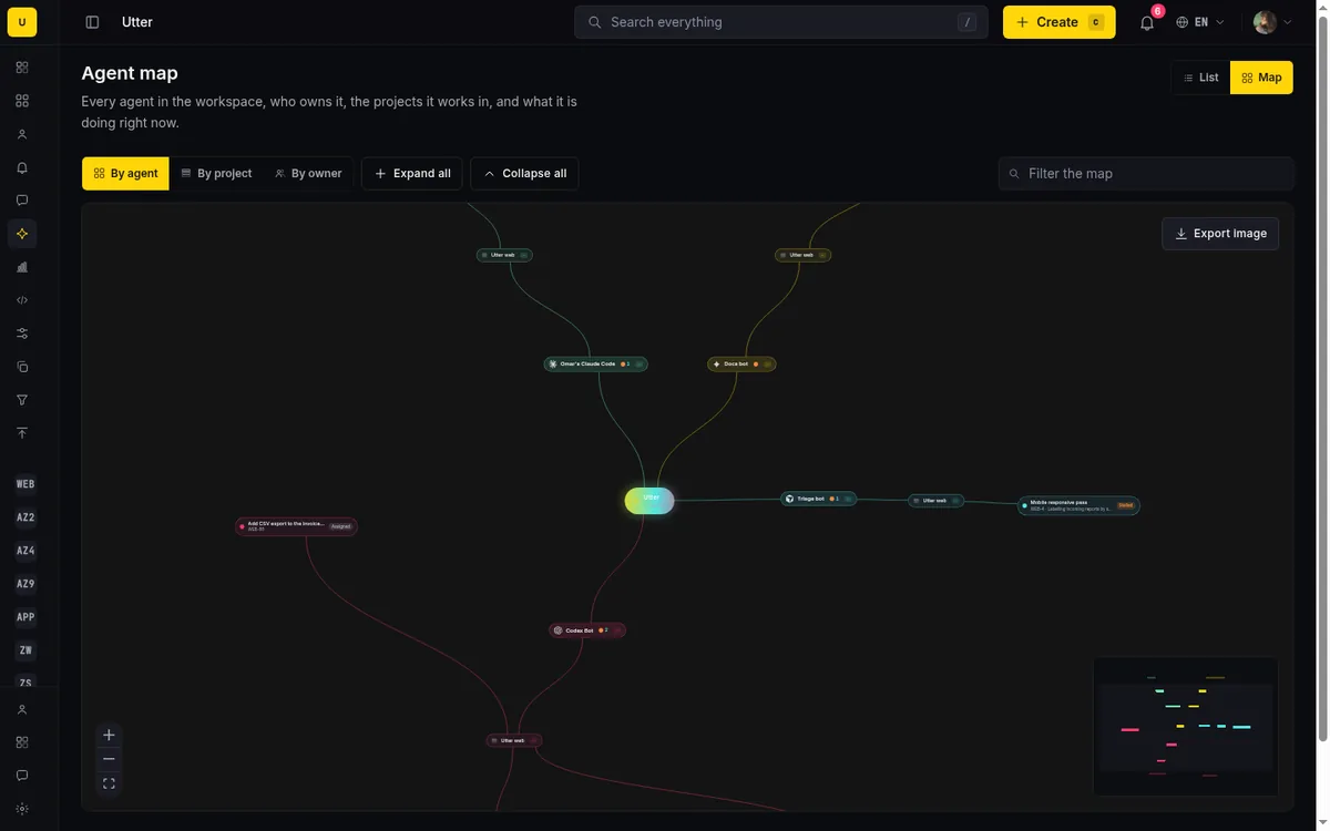 The Agent Map in by-agent mode: four agents radiate from the workspace, and the Triage bot branch reads all the way out to its live task on Taskfolk web, flagged with a gold Stalled chip