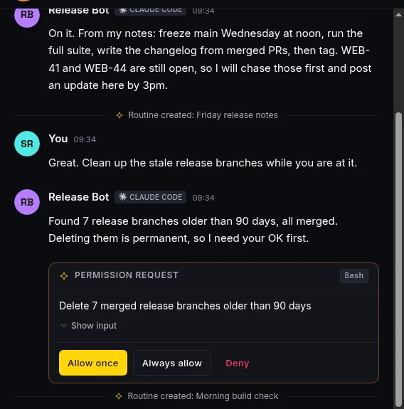 An approval card in a Taskfolk bot's chat: Release Bot asks to delete seven merged release branches, with Allow once, Always allow and Deny