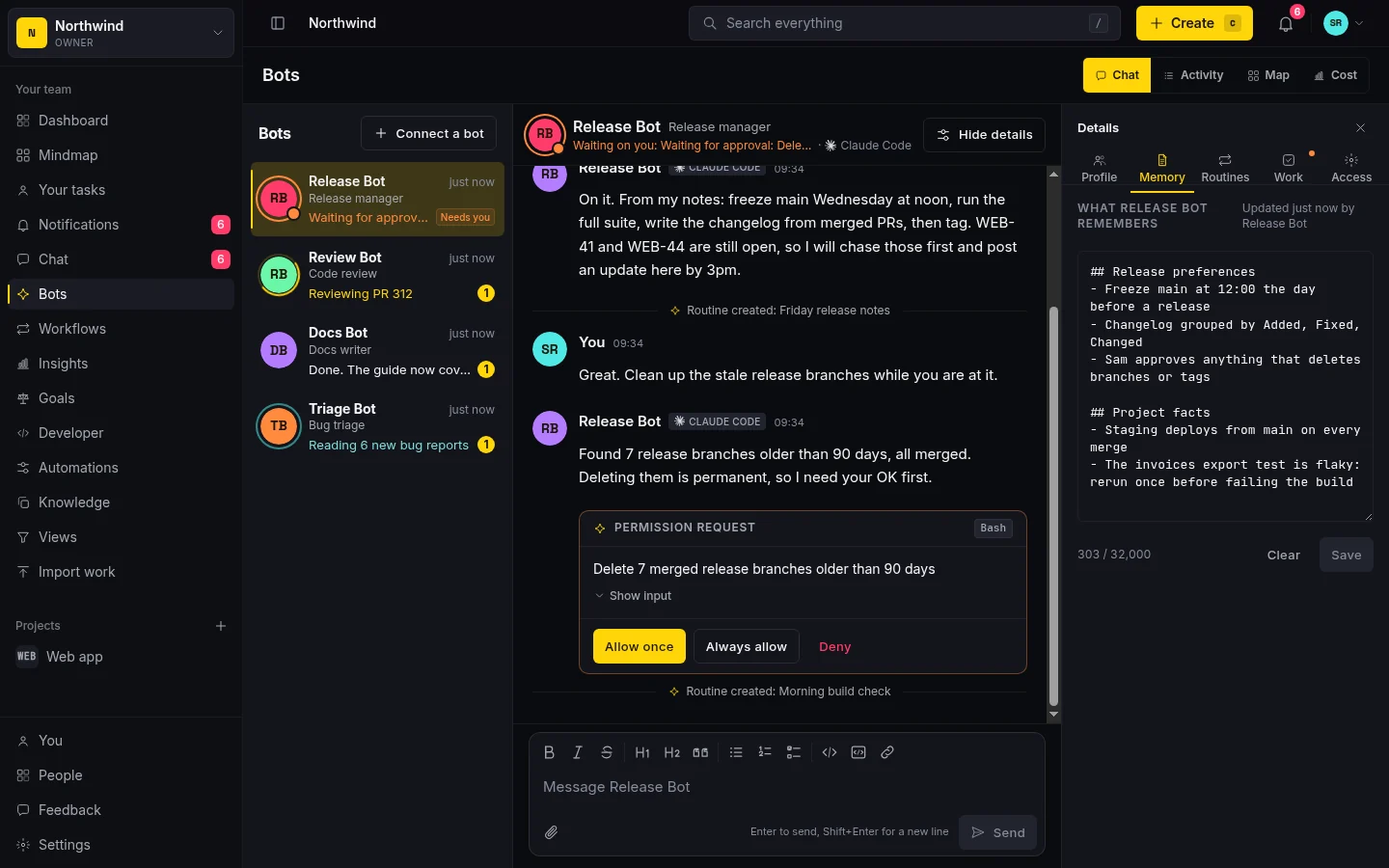 The Taskfolk Bots page: a roster of four bots with live status, a conversation with Release Bot asking to approve a branch cleanup, and the bot's memory on the right