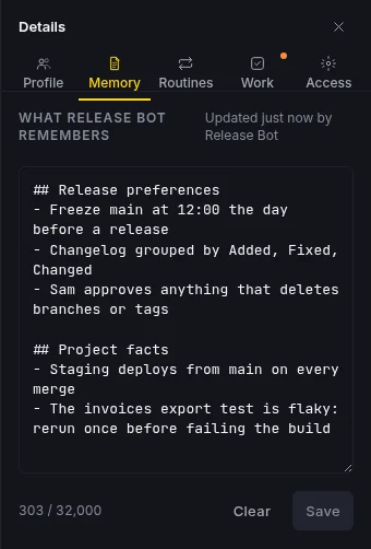 A Taskfolk bot's memory tab: release preferences and project facts the bot saved, with the last update time