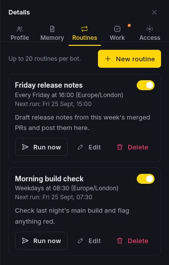 A Taskfolk bot's routines: Friday release notes every Friday at 16:00 and a weekday morning build check, each with Run now