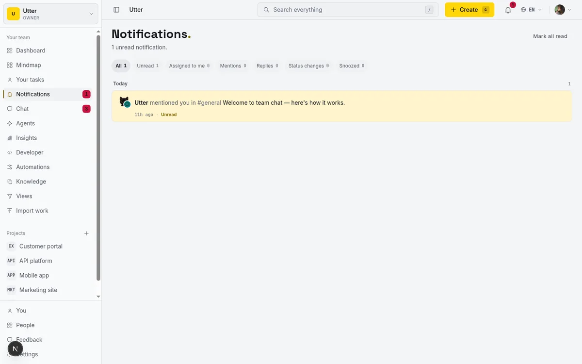 In-app notification inbox where agent session changes land