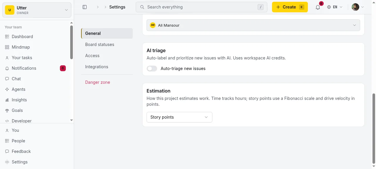 The project Estimation setting: time, story points, or none, chosen per project