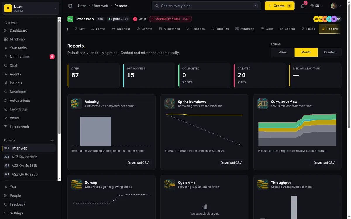 Taskfolk reports grid showing throughput, status, and velocity charts for a project